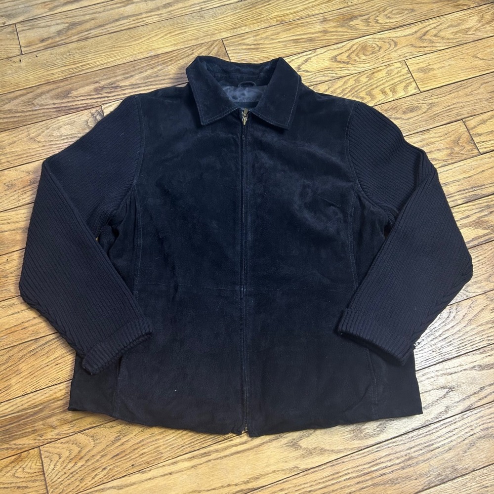 Vintage Fabio Womens XL Black Suede Leather‎ Jacket Ribbed Knit Sleeve Full Zip